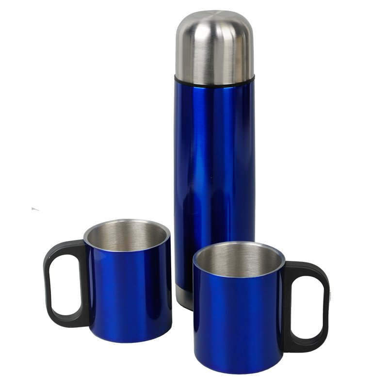 R08383.O - Metalowy termos Picnic 480 ml + 2 kubki, niebieski/srebrny - druga jakość