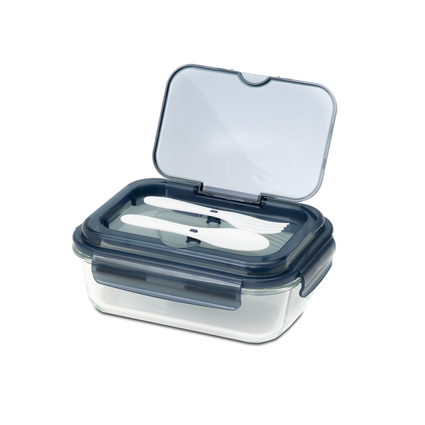 R08444.02 - Szklany lunch box ze sztućcami Lagos 1000 ml, czarny